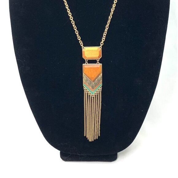 Boho Southwestern Style Necklace Gold Chain Tassel Faux Amber Pendant 25"L - Picture 3 of 5